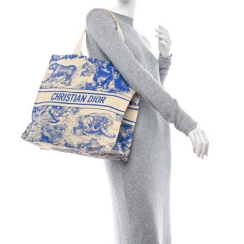 Dior Blue and Cream Canvas Toile Tote with Branded Stripe